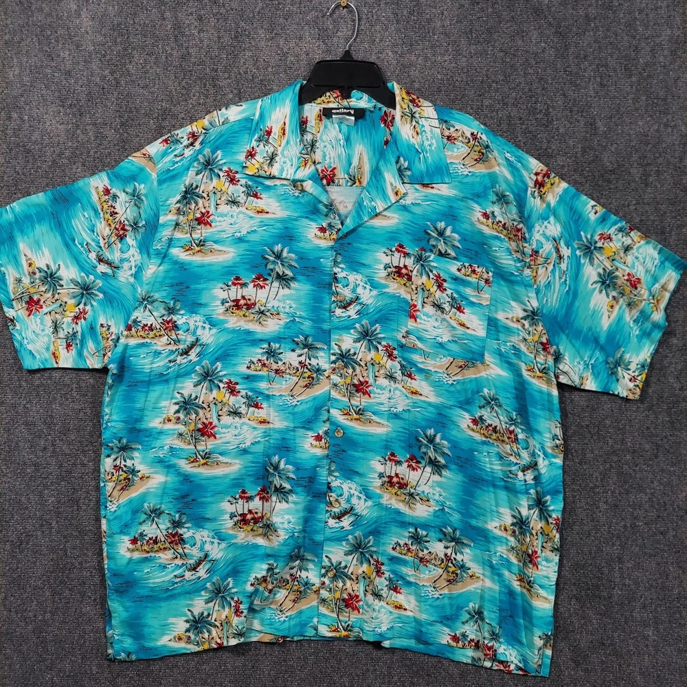 Gallery Shirt Mens 2XL Blue Hawaiian‎ Rayon Floral Island Print Button Up Aloha